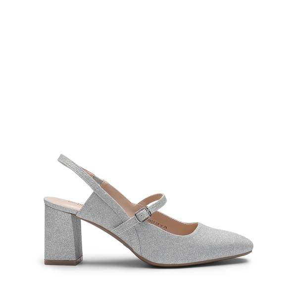 Mary Jane Slingback Chunky Heel Pumps - SILVER GLITTER - 2